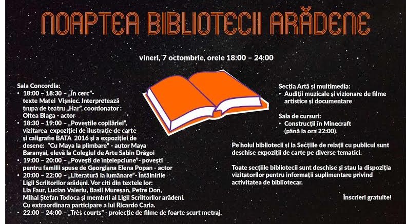 "Noaptea Bibliotecii Arădene" la Biblioteca Judeţeană "A.D.Xenopol" şi la Filiala din Aurel Vlaicu