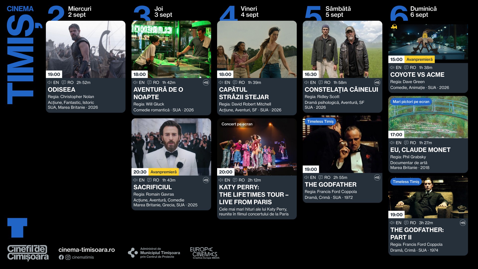 Programul saptamanii 2-6 septembrie, la Cinema Timis