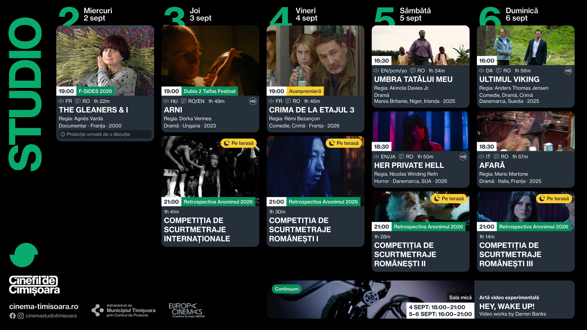 Programul saptamanii 2-6 septembrie, la Cinema Studio
