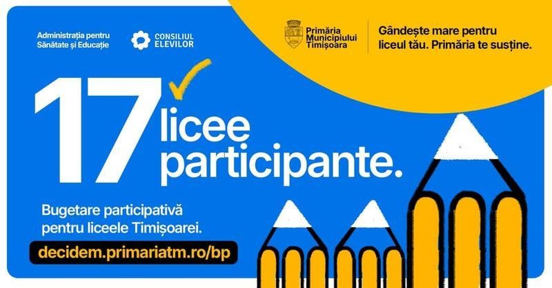 Bugetare participativă în școli: aproape 30 de proiecte propuse de elevii din Timișoara vor fi finanțate
