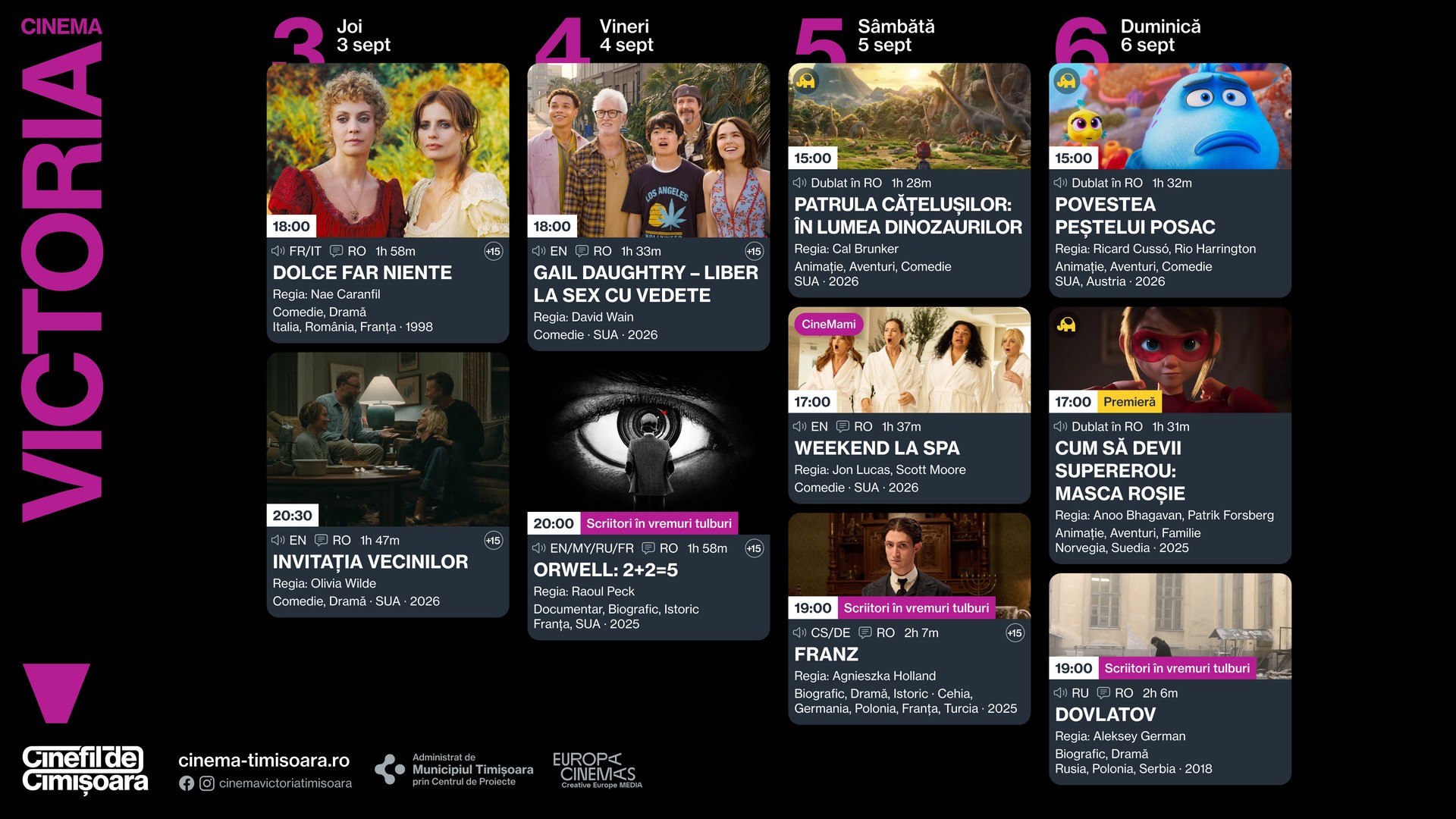 Programul saptamanii 3 - 6 septembrie, la Cinema Victoria